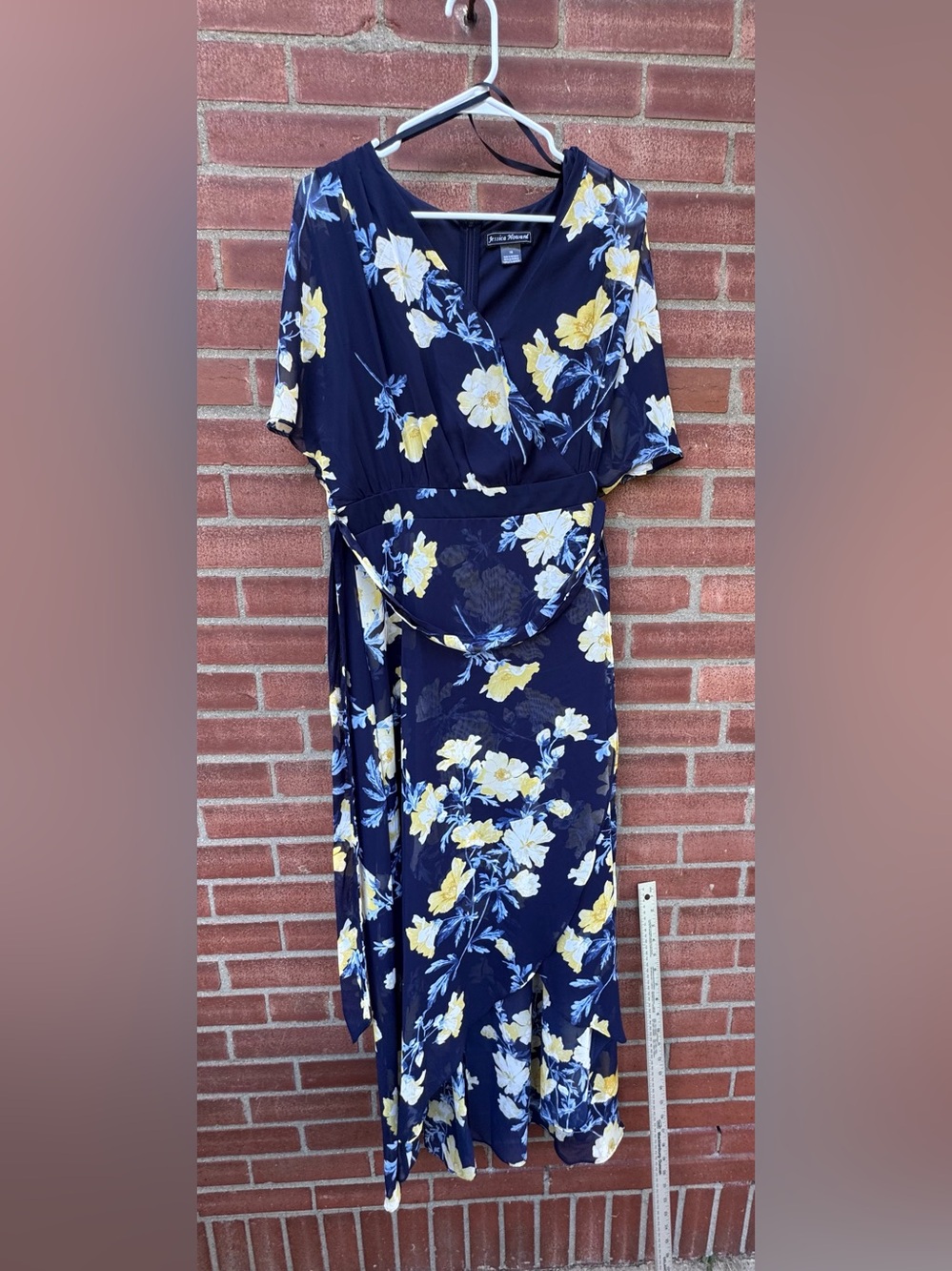 Jessica Howard Y2K Navy Yellow Floral Faux Wrap Maxi Dress 16